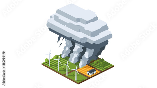 Isometric weather scene with storm clouds, lightning, wind turbines on farmland