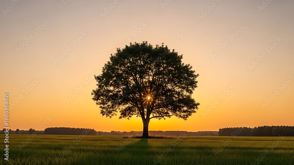 Fototapeta premium Golden Hour Sunburst Through Solitary Tree Silhouette in a Vibrant Green Field.