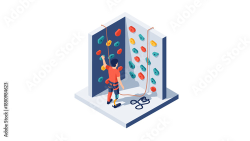 Isometric indoor rock climbing scene with colorful holds and ropes