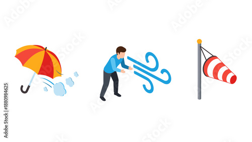 Weather icons: umbrella, wind symbol, windsock