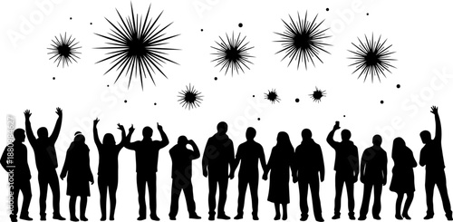 Celebration Crowd Silhouette with Balloons and Stars