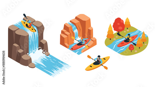 Isometric kayaking adventure with waterfalls and autumn scenery