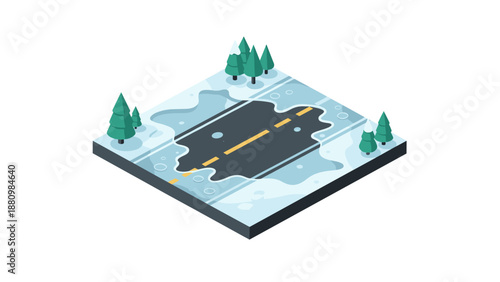 Isometric winter road scene with snowy trees and icy patches on asphalt