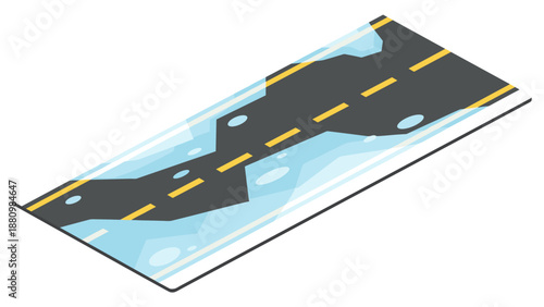 Isometric winter road with ice patches and snowy surface