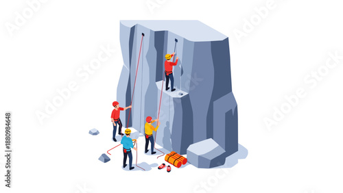 Adventure seekers climbing granite cliff in isometric style