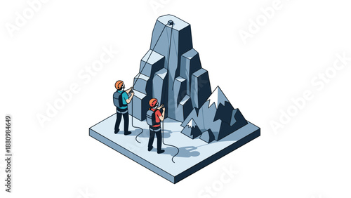 Isometric mountain climbers in action climbing adventure concept art