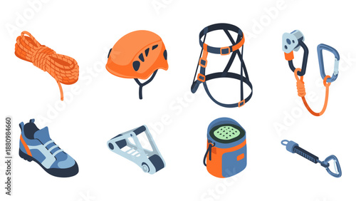 Essential isometric rock climbing gear: helmet, rope, shoes, and carabiners