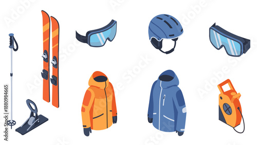 Isometric ski equipment set featuring jacket, goggles, helmet, probe with poles