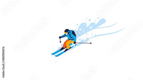 Dynamic flat style skier with splashing snow on white background