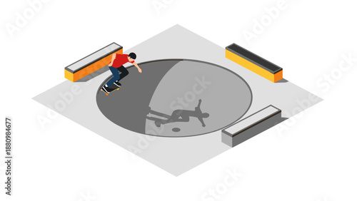 Dynamic isometric skateboarder in skatepark scene