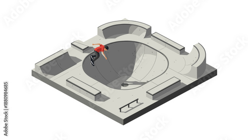 Isometric skatepark scene with skater performing tricks in concrete bowl