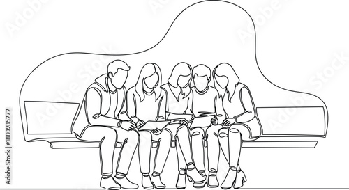 Continuous one line drawing of a group of young friends sitting on a bench using digital tablets together.