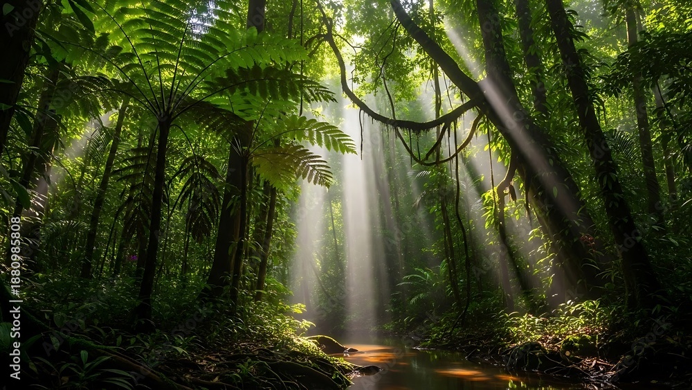 Obraz premium Ethereal Sunbeams Piercing Lush Rainforest Canopy Above a Serene Jungle Stream.