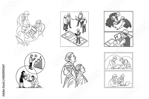 Construction Teamwork & Analysis: A monochrome illustration showcases diverse construction team, collaborating on building plans with modern equipment