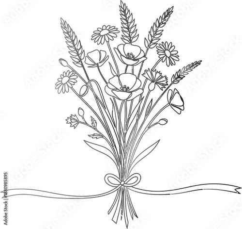 A black and white illustration of a bouquet of flowers isolated on transparent background
