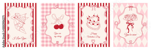 Valentine’s Day hand drawn vintage greeting card set with cupid, cherry, cake, rose, whimsical lines and decorative frame.