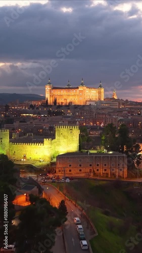 Wallpaper Mural Aerial Vertical Morning Scene Captured, Dawn Illuminates Ancient Fortress, Serene Morning View Shows Fog And Castle Toledo. Spain Torontodigital.ca