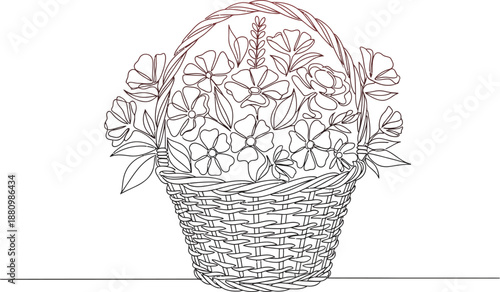 A black and white illustration of a plant in a wicker basket isolated on transparent background