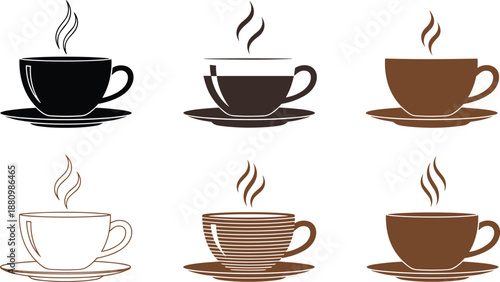Set of various coffee and espresso cup icons with steam for cafe restaurant and breakfast beverage design
