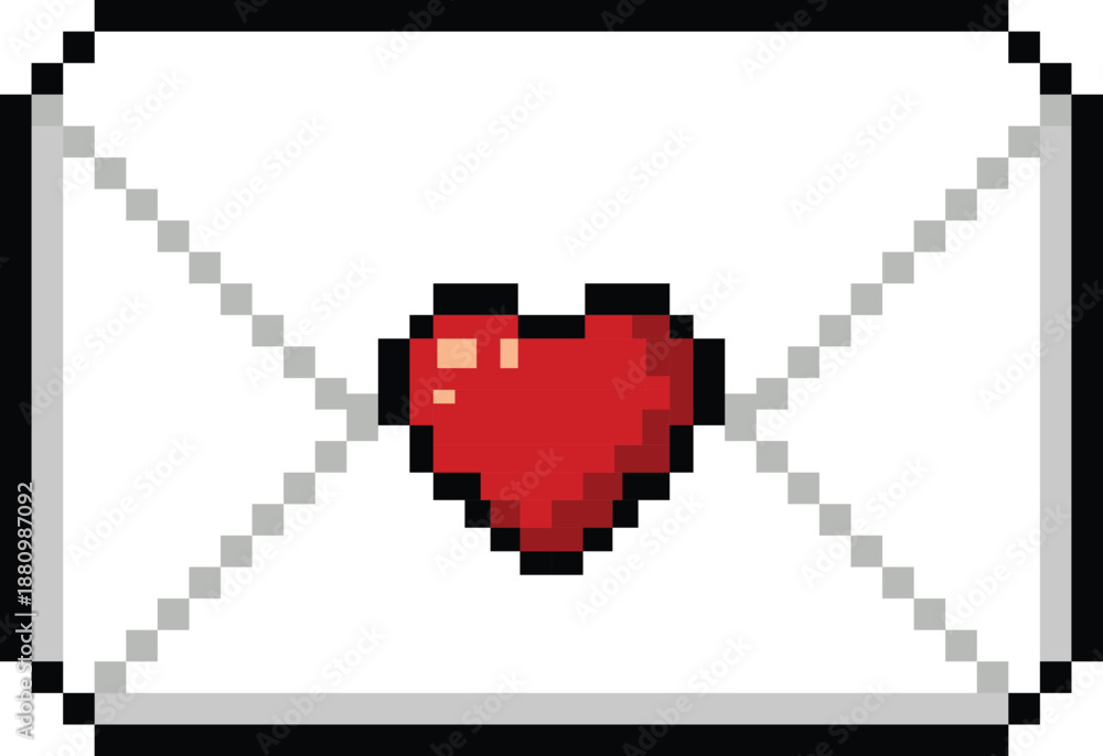 Fototapeta premium A retro pixel art illustration of an open envelope featuring a red heart seal in the center for Valentine’s Day designs, digital cards, games, stickers, messaging icons, and romantic retro projects