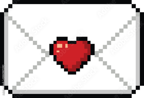 A retro pixel art illustration of an open envelope featuring a red heart seal in the center for Valentine’s Day designs, digital cards, games, stickers, messaging icons, and romantic retro projects