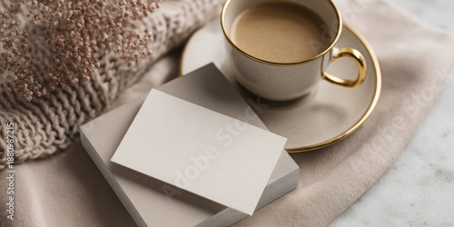 Minimalist Blank Business Card Mockup on Stack of Cards with Cup of Coffee Beige Knitted Sweater and Dried Flowers for Professional Branding Identity Design Stationery Showcase in Cozy Neutral Tones
