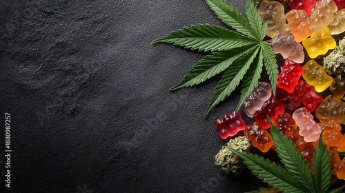 Different types of gummies and cannabis leaves on a dark surface with a simple arrangement of items