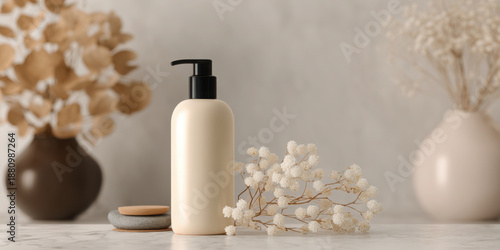 Minimalist Skincare Pump Bottle Mockup on Marble Table with Dried Flowers and Zen Spa Stones. Luxury Organic Beauty Product Packaging for Cream, Lotion, or Serum in Neutral Aesthetic Setting.