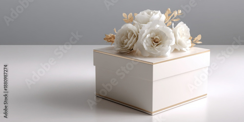Elegant White Luxury Gift Box with Gold Trim and Beautiful White Paper Roses with Gold Leaves Floral Arrangement for Wedding Anniversary Mother's Day Birthday Valentine's Celebration Sophisticated Box