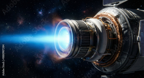 Electric ion thruster engine firing blue xenon plasma beam in space