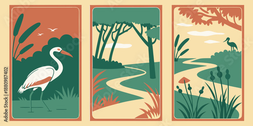 U.S, USA, US, United States - Forest Path & Crane Triptych | Serene Nature and Wildlife Illustration | Vintage Landscape Poster Set | Peaceful Green‑Orange Wall Art Print
