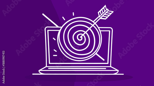 Online marketing success with laptop and target. Digital strategy, business achievement, goal, and web advertising concept.