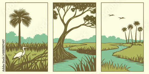 U.S, USA, US, United States - Tropical Wetland Triptych | Heron, Palms & River Landscape Illustration | Vintage Nature Poster Set | Serene Marsh and Wildlife Wall Art Print
