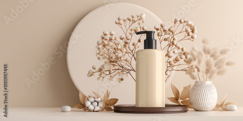 Premium Cosmetic Mockup Cream Bottle with Black Pump on Brown Tray Featuring Dried Cotton Branches and Fluffy Grass in Vase for Organic Skincare Branding and Minimalist Beauty Product Marketing.