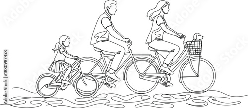 a happy family with father mother and daughter riding bicycles outdoors with their pet dog.