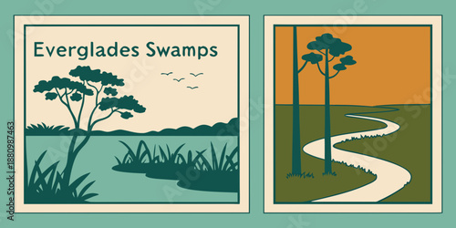 U.S, USA, US, United States - Everglades Swamp Landscape Set | Vintage Wetland & Nature Illustration | Retro Marsh Poster Duo | Scenic River and Tropical Wilderness Wall Art Print
