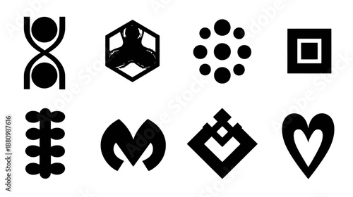 Diverse collection of abstract black vector shapes and modern graphic icons. Minimalist geometric symbols and design elements.