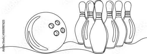 a bowling ball and a set of ten pins ready for a strike in a competition.