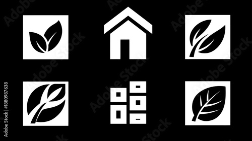 Eco-friendly home and nature vector icon set featuring leaf, plant, and house symbols for sustainability and real estate.