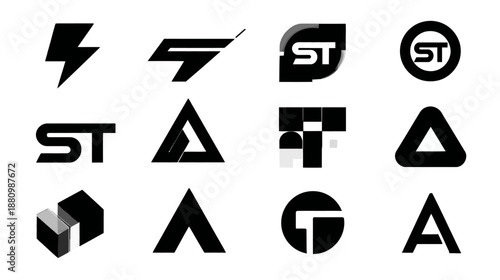 Abstract black graphic icons, modern geometric shapes, and letter-based branding elements for design projects