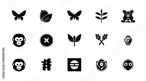 Diverse black and white vector icons set featuring butterflies, plants, monkeys, and cultural symbols. Graphic design elements.