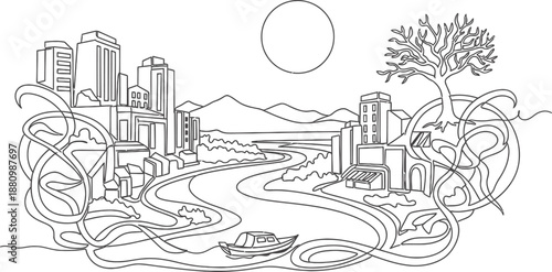 A futuristic cityscape with a tree and winding road isolated on transparent background
