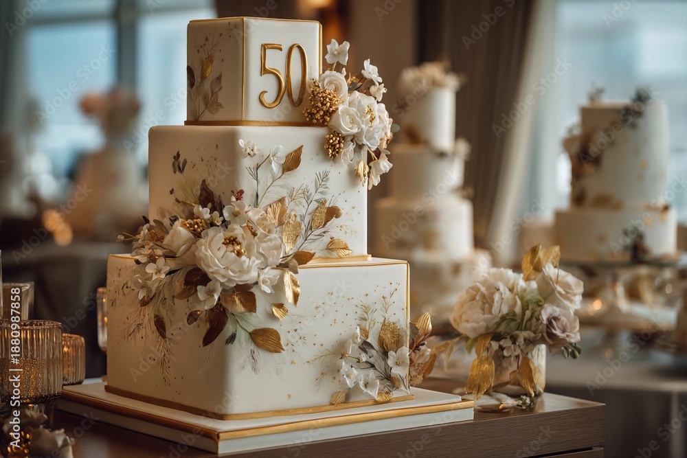 Fototapeta premium Celebration with a large cake featuring flowers for a 50th anniversary event in a decorated venue