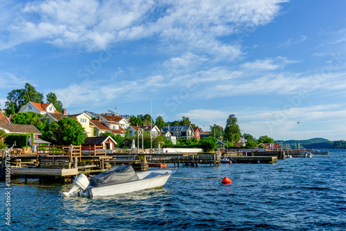 Idyllic Son Waterfront Landscape in Norway - Wooden Houses and Boats on Oslofjord
