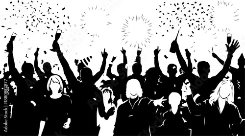 Celebration Crowd Silhouette with Balloons and Stars