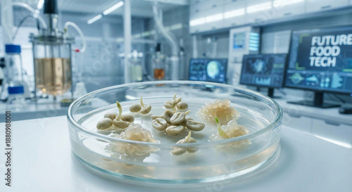 Lab grown coffee beans in petri dish biotechnology food concept