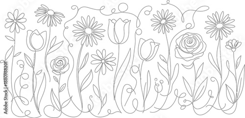 Black and white line drawing of various flowers isolated on transparent background