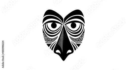 Bold Black and White Abstract Tribal Mask Vector Illustration with Symmetrical Ethnic Patterns, Stylized Cultural Art Concept