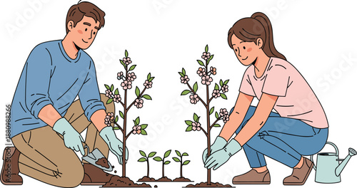 Gardening, teamwork, planting, nature, outdoor activity, spring garden, eco-friendly, flowers, soil, gloves, trowel, watering, environment, lifestyle, hobby, couple, care, sustainability,