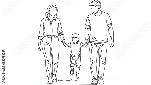 a happy father mother and young son walking together holding hands outdoors.